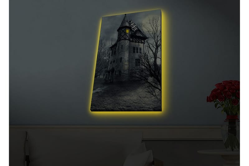 Canvastavla med LED-belysning - Spöklik herrgård omgiven av döda träd - Grå / Svart / Gul - Inredning - Tavlor & konst - Canvastavlor