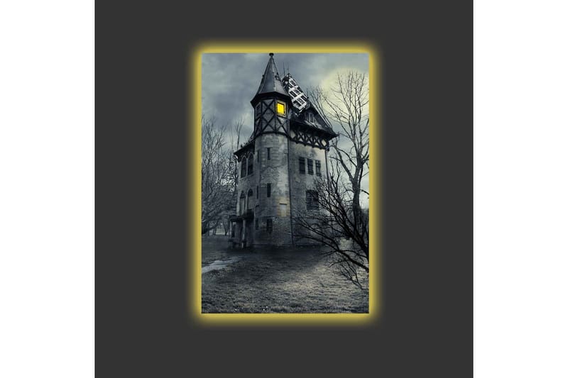 Canvastavla med LED-belysning - Spöklik herrgård omgiven av döda träd - Grå / Svart / Gul - Inredning - Tavlor & konst - Canvastavlor