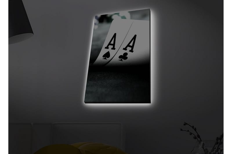 Canvastavla med LED-belysning - Spelkort med två ess i fokus - Svart / Vit / Grön - Inredning - Tavlor & konst - Canvastavlor