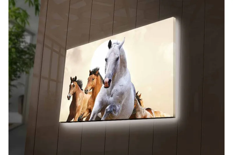 Canvastavla med LED-belysning - Springande hästar i en dynamisk komposition - Vit / Brun / Beige - Inredning - Tavlor & konst - Canvastavlor