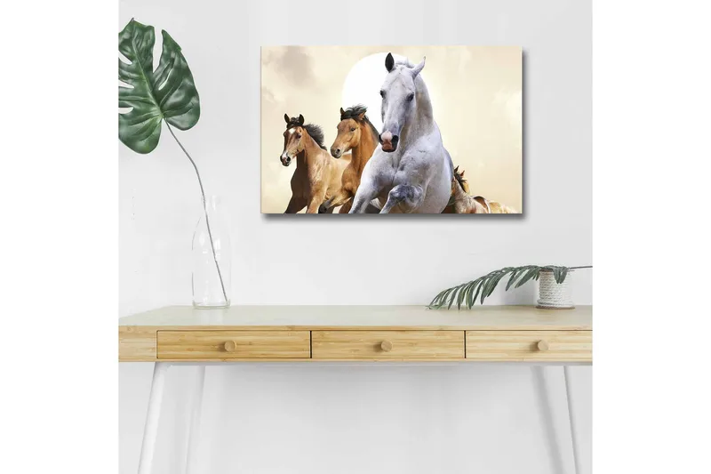 Canvastavla med LED-belysning - Springande hästar i en dynamisk komposition, Vit / Brun / Beige