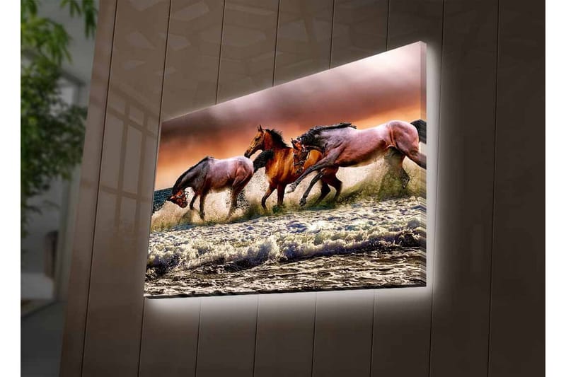Canvastavla med LED-belysning - Sprudlande hästar som galopperar genom vågorna vid havet - Brun / Beige / Blå - Inredning - Tavlor & konst - Canvastavlor