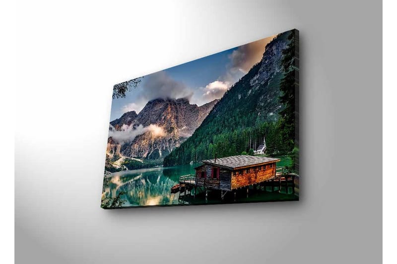 Canvastavla med LED-belysning - Stämningsfull fjällsjö med en trästuga vid vattnet - Grön / Blå / Brun - Inredning - Tavlor & konst - Canvastavlor