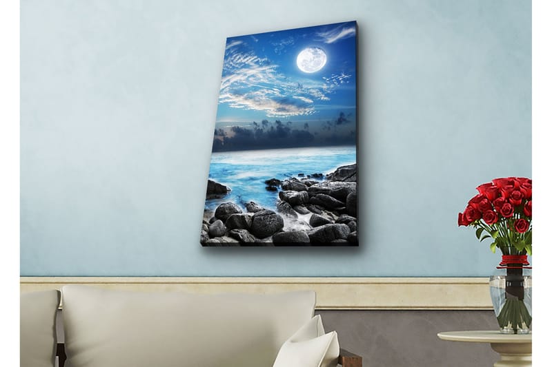 Canvastavla med LED-belysning - Stämningsfull havslandskap med måne och klippor - Blå / Grå / Vit - Inredning - Tavlor & konst - Canvastavlor