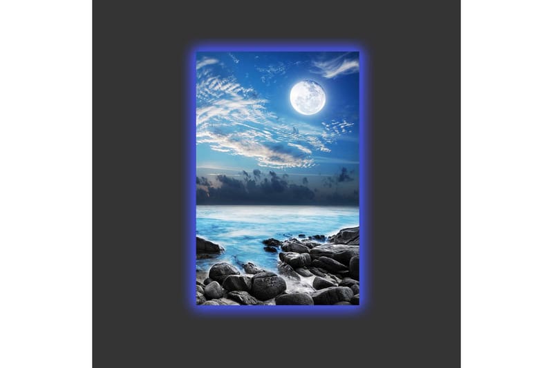 Canvastavla med LED-belysning - Stämningsfull havslandskap med måne och klippor - Blå / Grå / Vit - Inredning - Tavlor & konst - Canvastavlor