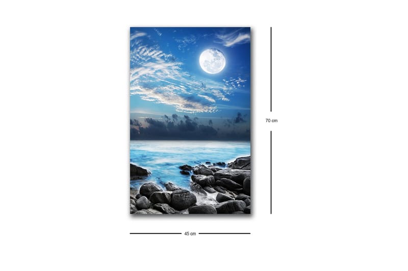 Canvastavla med LED-belysning - Stämningsfull havslandskap med måne och klippor - Blå / Grå / Vit - Inredning - Tavlor & konst - Canvastavlor