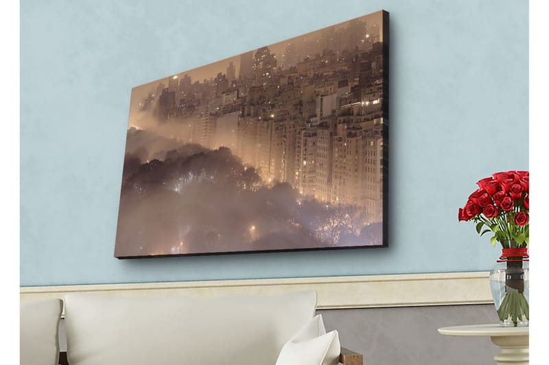 Canvastavla med LED-belysning - Stämningsfull stadsbild i dimma med skyskrapor och trädtoppar - Mörkbrun / Grå / Guld - Inredning - Tavlor & konst - Canvastavlor