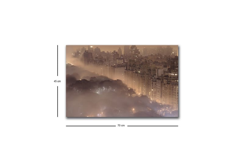 Canvastavla med LED-belysning - Stämningsfull stadsbild i dimma med skyskrapor och trädtoppar - Mörkbrun / Grå / Guld - Inredning - Tavlor & konst - Canvastavlor