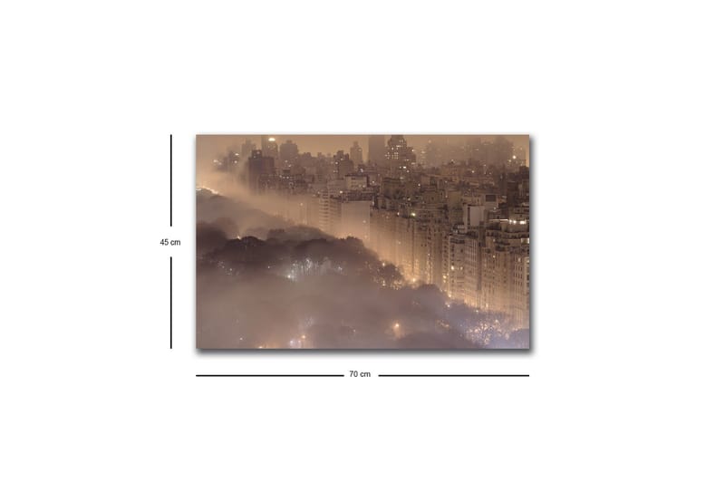 Canvastavla med LED-belysning - Stämningsfull stadsbild i dimma med skyskrapor och trädtoppar - Mörkbrun / Grå / Guld - Inredning - Tavlor & konst - Canvastavlor