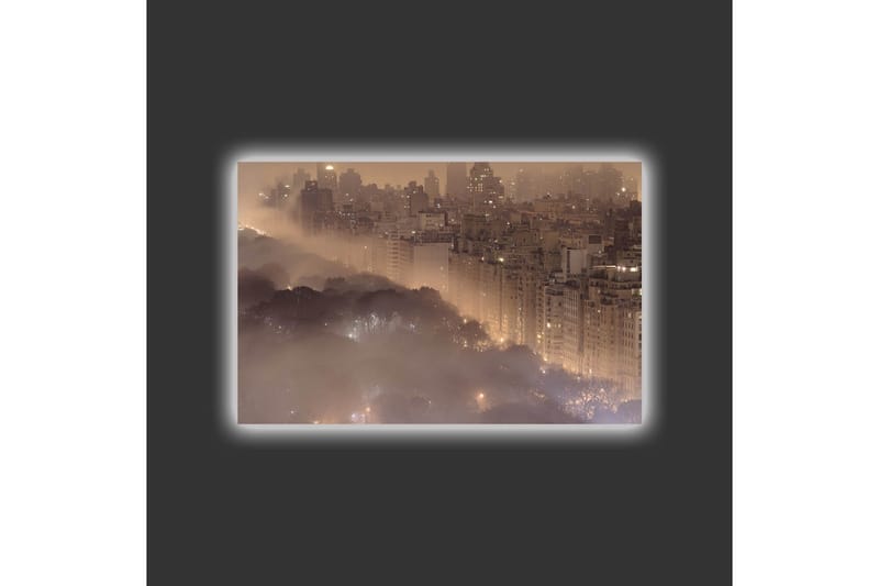 Canvastavla med LED-belysning - Stämningsfull stadsbild i dimma med skyskrapor och trädtoppar - Mörkbrun / Grå / Guld - Inredning - Tavlor & konst - Canvastavlor