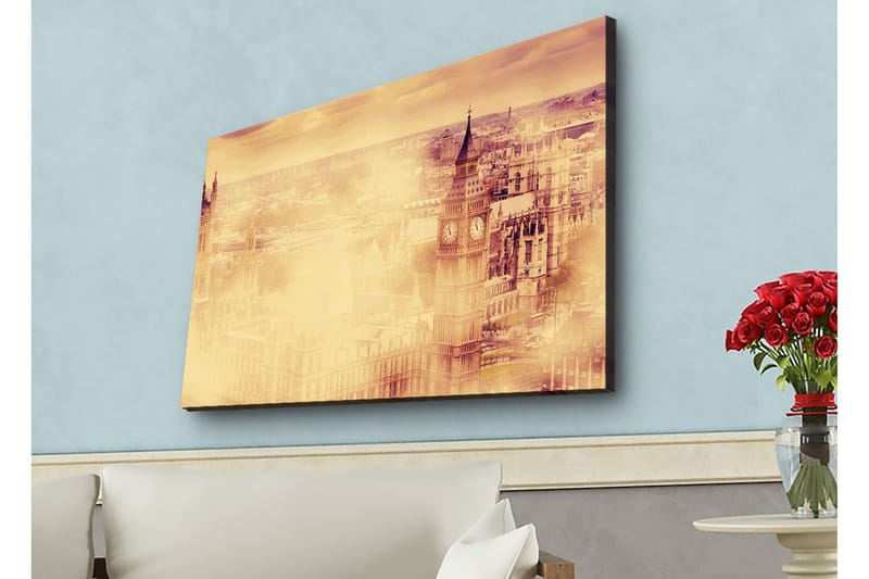 Canvastavla med LED-belysning - Stämningsfull vy av en stad med kända byggnader i dimma - Beige / Guld / Mörkbrun - Inredning - Tavlor & konst - Canvastavlor