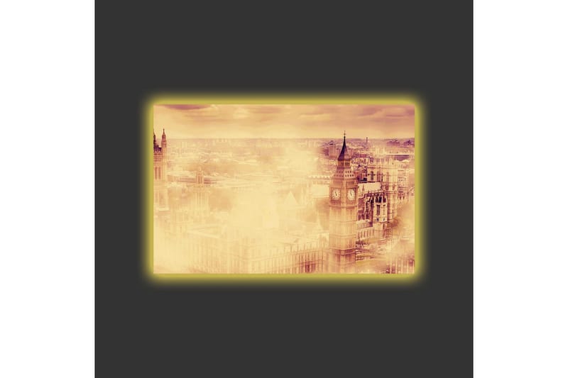 Canvastavla med LED-belysning - Stämningsfull vy av en stad med kända byggnader i dimma - Beige / Guld / Mörkbrun - Inredning - Tavlor & konst - Canvastavlor