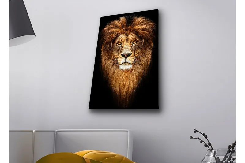 Canvastavla med LED-belysning - Ståtlig lejonhuvud med majestätisk man - Guld / Svart / Brun - Inredning - Tavlor & konst - Canvastavlor