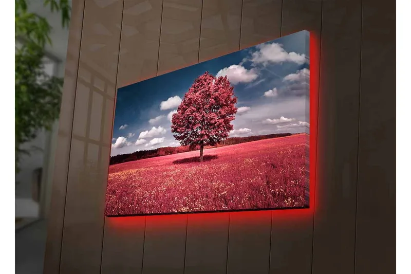 Canvastavla med LED-belysning - Ståtligt rosa träd på en färgglad äng - Rosa / Grön / Blå - Inredning - Tavlor & konst - Canvastavlor