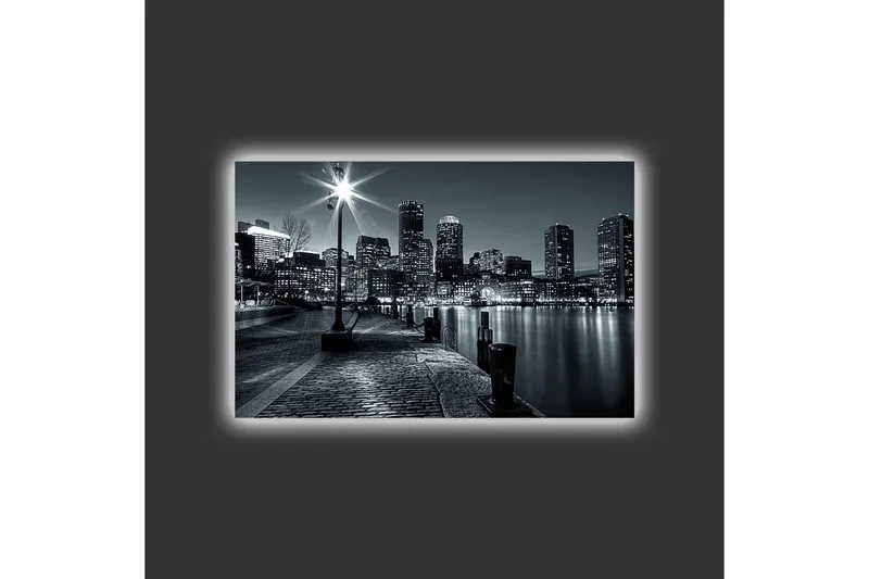 Canvastavla med LED-belysning - Stadslandskap i svartvitt med reflektioner i vattnet - Svart / Grå - Inredning - Tavlor & konst - Canvastavlor