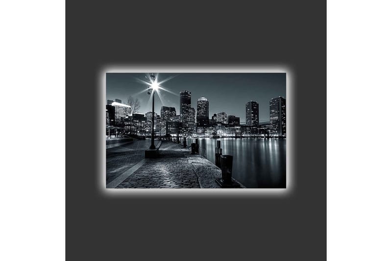 Canvastavla med LED-belysning - Stadslandskap i svartvitt med reflektioner i vattnet - Svart / Grå - Inredning - Tavlor & konst - Canvastavlor