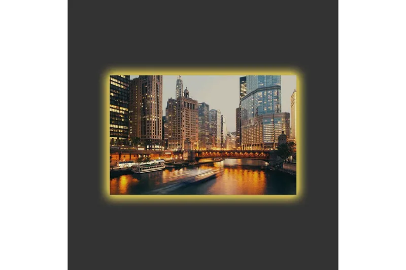 Canvastavla med LED-belysning - Stadslandskap med skyskrapor vid en flod i skymning - Guld / Blå / Grå - Inredning - Tavlor & konst - Canvastavlor