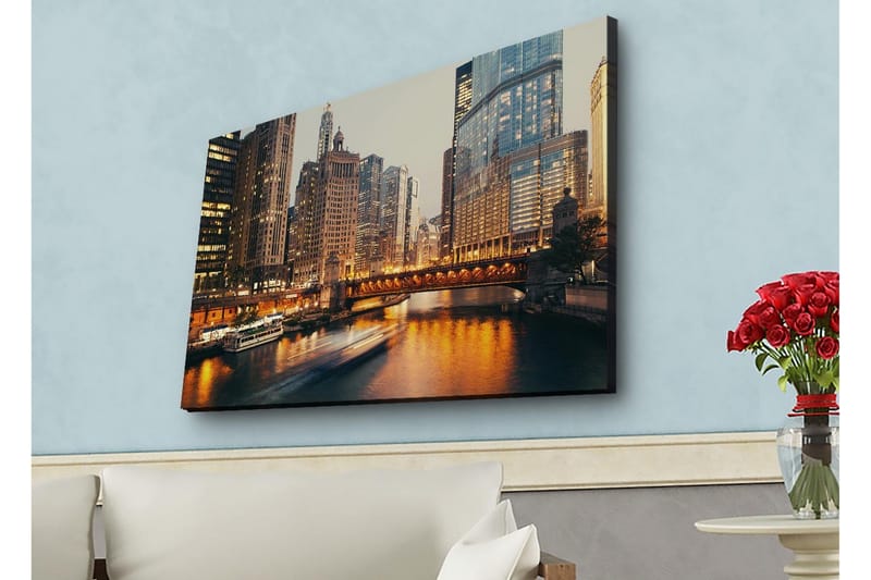 Canvastavla med LED-belysning - Stadslandskap med skyskrapor vid en flod i skymning - Guld / Blå / Grå - Inredning - Tavlor & konst - Canvastavlor
