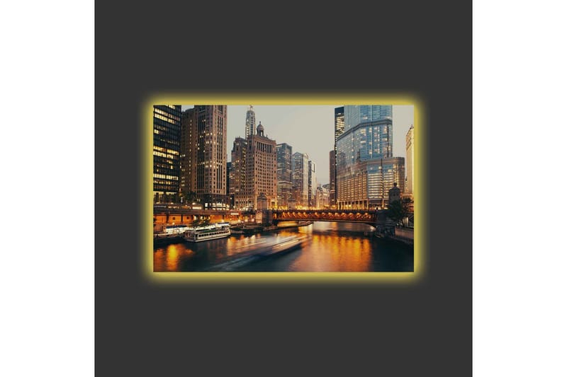 Canvastavla med LED-belysning - Stadslandskap med skyskrapor vid en flod i skymning - Guld / Blå / Grå - Inredning - Tavlor & konst - Canvastavlor