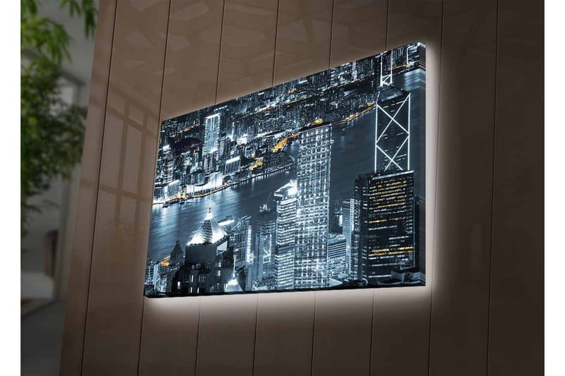 Canvastavla med LED-belysning - Stadssilhuett av en nattlig skyline med ljusreflektioner i vattnet - Svart / Grå / Vit - Inredning - Tavlor & konst - Canvastavlor