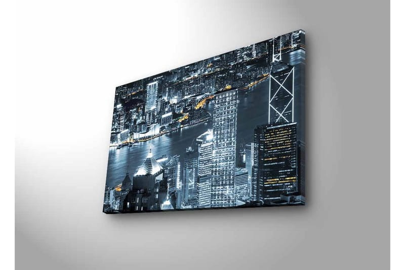Canvastavla med LED-belysning - Stadssilhuett av en nattlig skyline med ljusreflektioner i vattnet - Svart / Grå / Vit - Inredning - Tavlor & konst - Canvastavlor