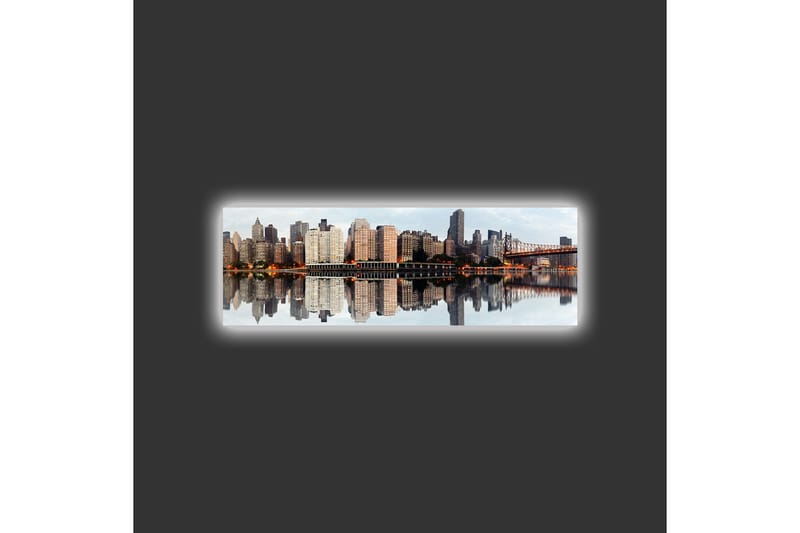 Canvastavla med LED-belysning - Stadssilhuett med reflektioner i vattnet - Grå / Beige / Orange - Inredning - Tavlor & konst - Canvastavlor