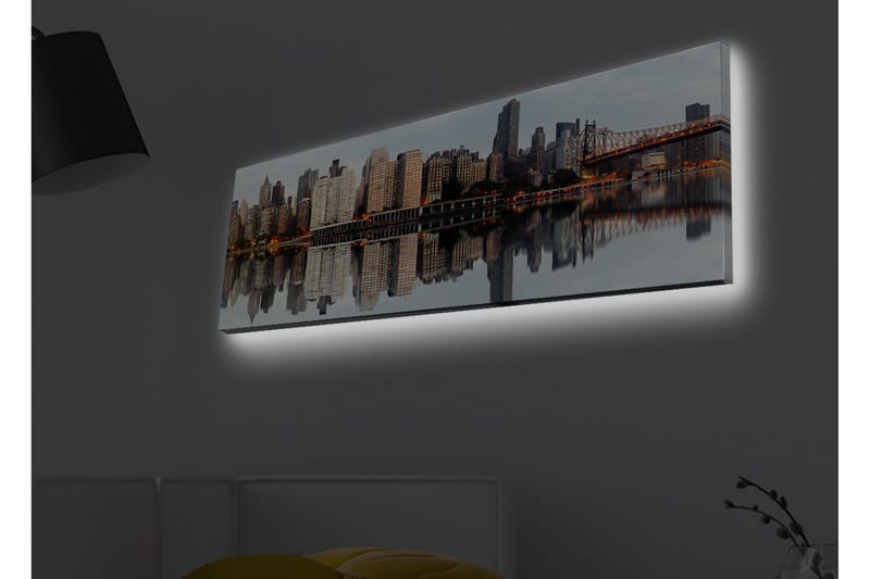 Canvastavla med LED-belysning - Stadssilhuett med reflektioner i vattnet - Grå / Beige / Orange - Inredning - Tavlor & konst - Canvastavlor