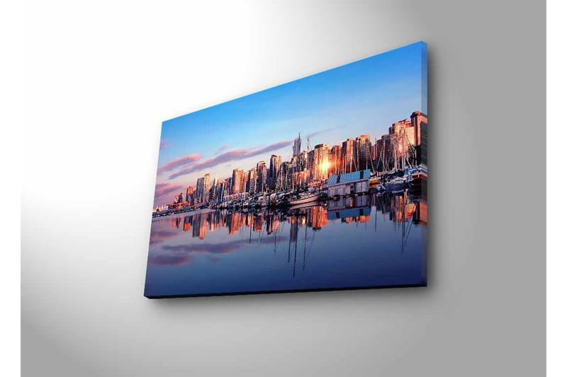 Canvastavla med LED-belysning - Stadssilhuett vid solnedgång med reflektioner i vattnet - Blå / Orange / Lila - Inredning - Tavlor & konst - Canvastavlor
