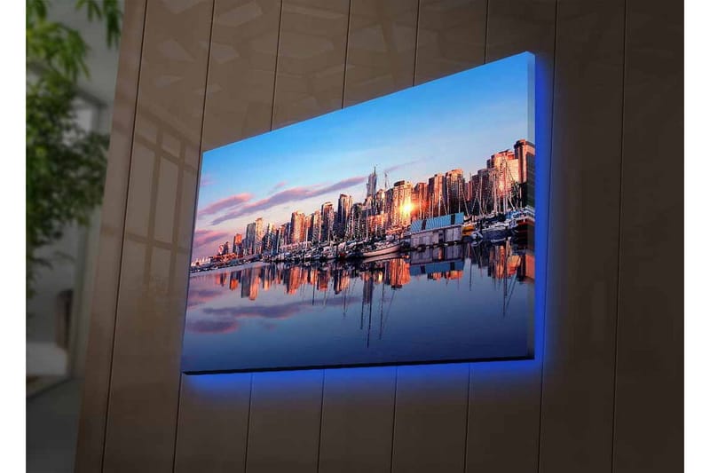 Canvastavla med LED-belysning - Stadssilhuett vid solnedgång med reflektioner i vattnet - Blå / Orange / Lila - Inredning - Tavlor & konst - Canvastavlor