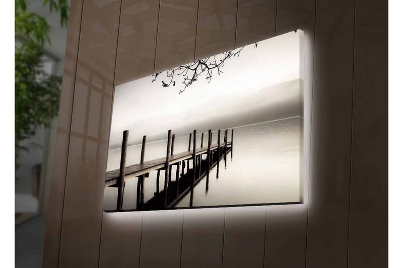 Canvastavla med LED-belysning - Stillhet vid en brygga i dimma - Grå / Svart / Vit - Inredning - Tavlor & konst - Canvastavlor