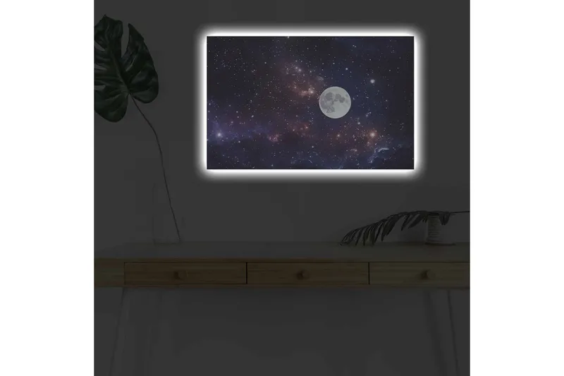 Canvastavla med LED-belysning - Stjärnfull natthimmel med en stor måne - Mörkblå / Lila / Vit - Inredning - Tavlor & konst - Canvastavlor