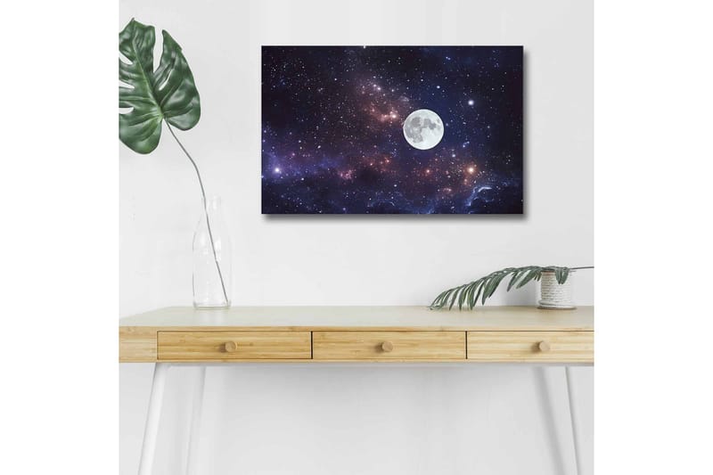 Canvastavla med LED-belysning - Stjärnfull natthimmel med en stor måne, Mörkblå / Lila / Vit