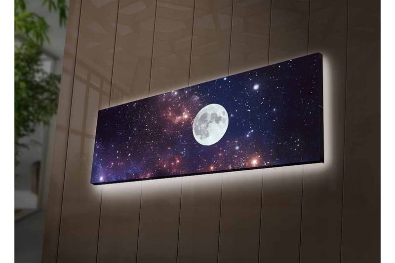 Canvastavla med LED-belysning - Stjärnfull natthimmel med en stor måne - Mörkblå / Lila / Vit - Inredning - Tavlor & konst - Canvastavlor