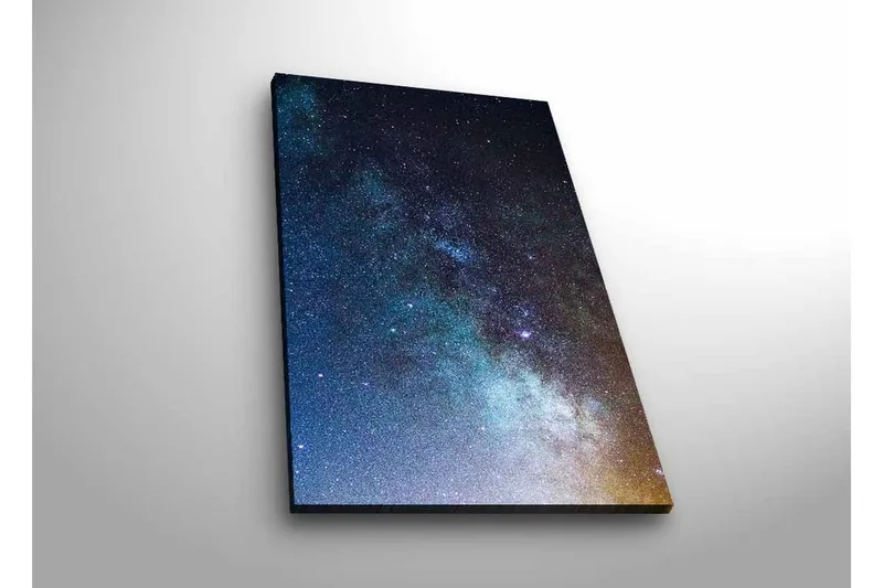 Canvastavla med LED-belysning - Stjärnfull natthimmel med galaxer och stjärnor, Mörkblå / Svart / Ljusblå