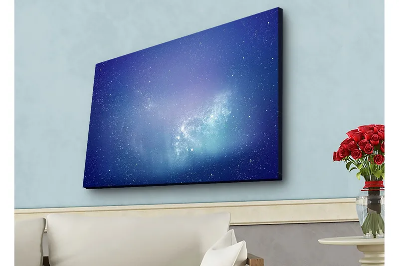 Canvastavla med LED-belysning - Stjärnspäckad galax i djupblått och lila, Djupblå / Lila / Turkos