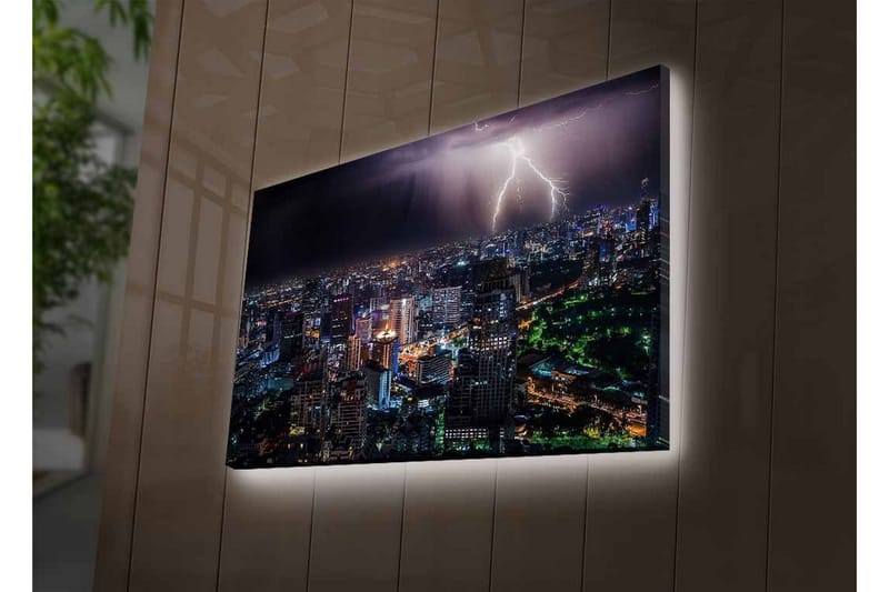 Canvastavla med LED-belysning - Stormig stadsutsikt med blixtar som lyser upp natten - Mörkblå / Grön / Vit - Inredning - Tavlor & konst - Canvastavlor