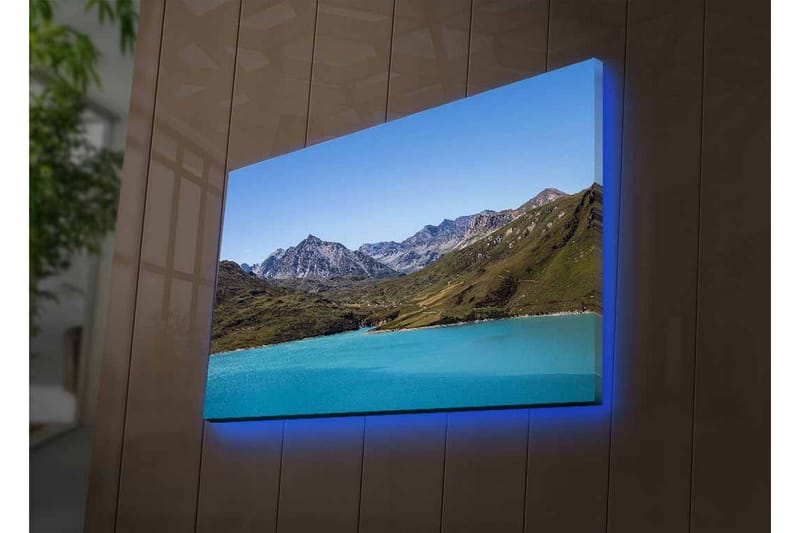 Canvastavla med LED-belysning - Storslagen berglandskap med en klar, turkos sjö - Turkos / Grön / Blå - Inredning - Tavlor & konst - Canvastavlor