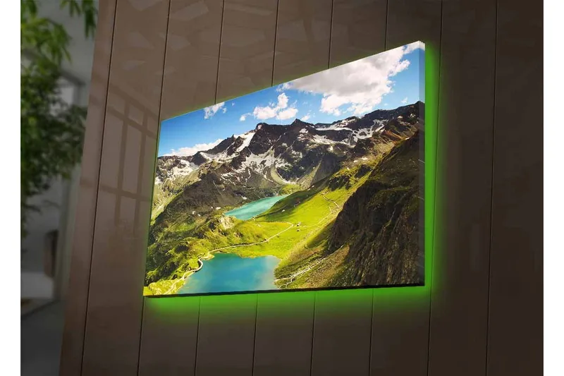 Canvastavla med LED-belysning - Storslagen bergslandskap med en glittrande sjö och grönskande dalar - Grön / Blå / Vit - Inredning - Tavlor & konst - Canvastavlor