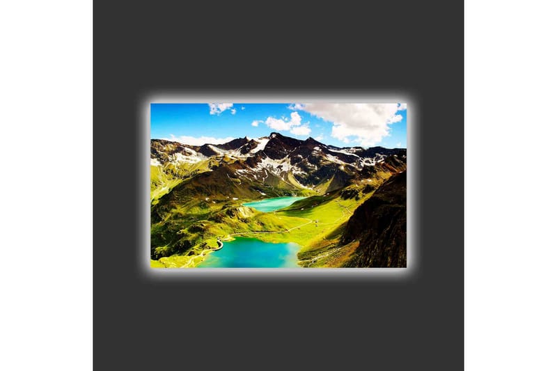Canvastavla med LED-belysning - Storslagen bergslandskap med glittrande sjöar och gröna ängar - Grön / Blå / Vit - Inredning - Tavlor & konst - Canvastavlor