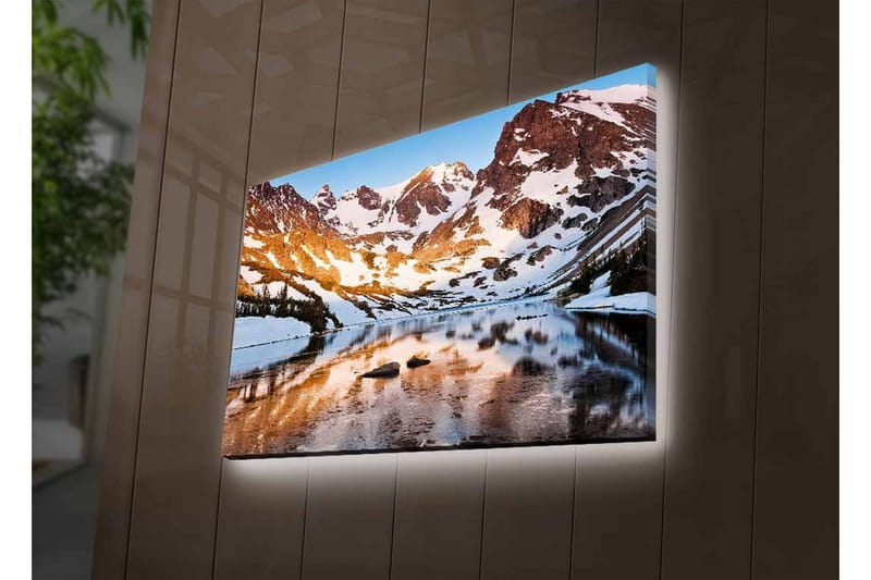 Canvastavla med LED-belysning - Storslagen fjällandskap med spegelblanka sjöar och snötäckta toppar - Blå / Vit / Gyllene - Inredning - Tavlor & konst - Canvastavlor