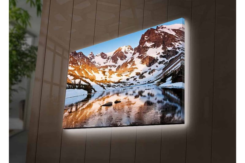 Canvastavla med LED-belysning - Storslagen fjällandskap med spegelblanka sjöar och snötäckta toppar - Blå / Vit / Gyllene - Inredning - Tavlor & konst - Canvastavlor