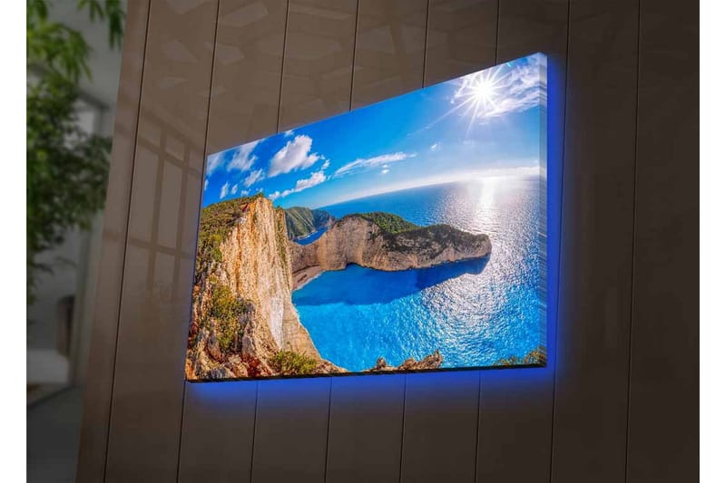 Canvastavla med LED-belysning - Storslagen kustlandskap med klippor och turkost hav - Turkos / Beige / Grön - Inredning - Tavlor & konst - Canvastavlor