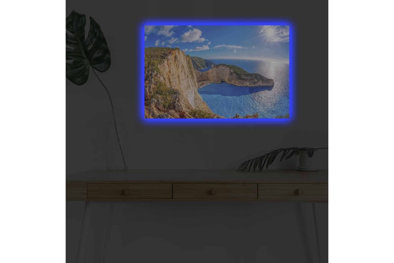 Canvastavla med LED-belysning - Storslagen kustlandskap med klippor och turkost hav - Turkos / Beige / Grön - Inredning - Tavlor & konst - Canvastavlor
