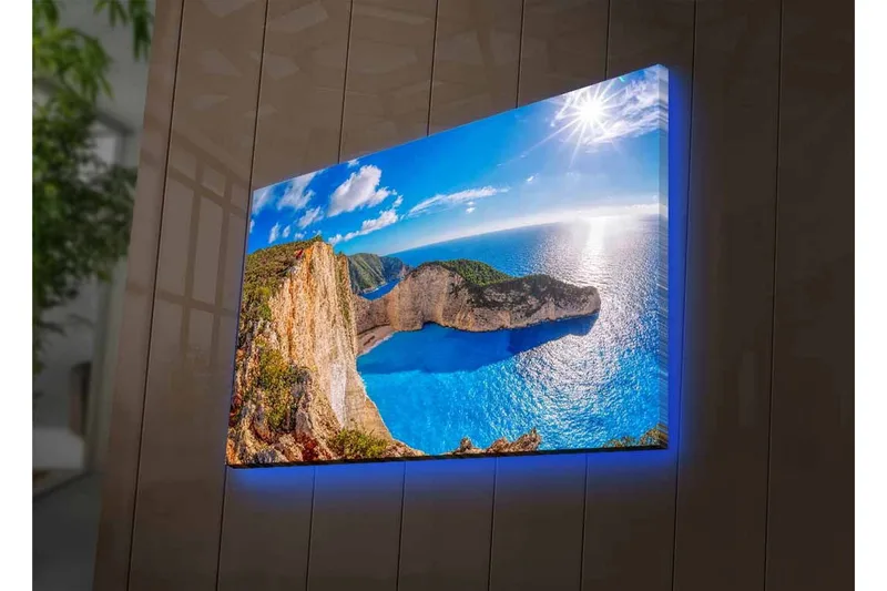 Canvastavla med LED-belysning - Storslagen kustlandskap med klippor och turkost hav - Turkos / Beige / Grön - Inredning - Tavlor & konst - Canvastavlor