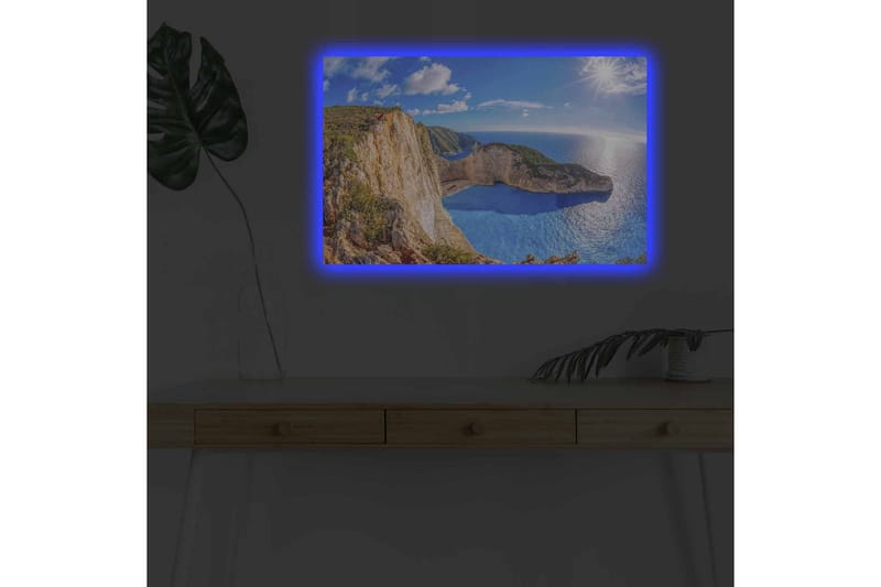 Canvastavla med LED-belysning - Storslagen kustlandskap med klippor och turkost hav - Turkos / Beige / Grön - Inredning - Tavlor & konst - Canvastavlor