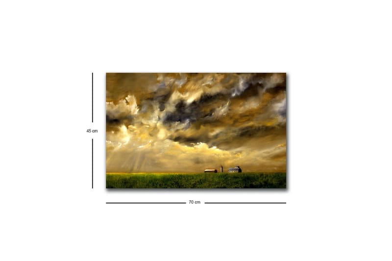 Canvastavla med LED-belysning - Storslagen landskapsvy med dramatiska moln och en gård i horisonten - Guld / Mörkblå / Grön - Inredning - Tavlor & konst - Canvastavlor