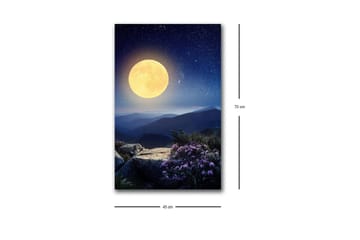 Canvastavla med LED-belysning - Storslagen måne över en fjärran bergslandskap med blommor i förgrunden - Mörkblå / Gul / Lila - Inredning - Tavlor & konst - Canvastavlor