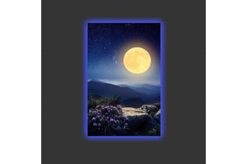 Canvastavla med LED-belysning - Storslagen måne över en fjärran bergslandskap med blommor i förgrunden - Mörkblå / Gul / Lila - Inredning - Tavlor & konst - Canvastavlor