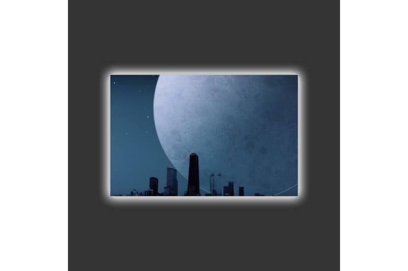 Canvastavla med LED-belysning - Storslagen måne över en stadssilhuett i skymning - Mörkblå / Grå / Svart - Inredning - Tavlor & konst - Canvastavlor