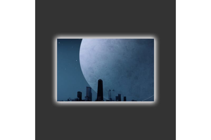 Canvastavla med LED-belysning - Storslagen måne över en stadssilhuett i skymning - Mörkblå / Grå / Svart - Inredning - Tavlor & konst - Canvastavlor